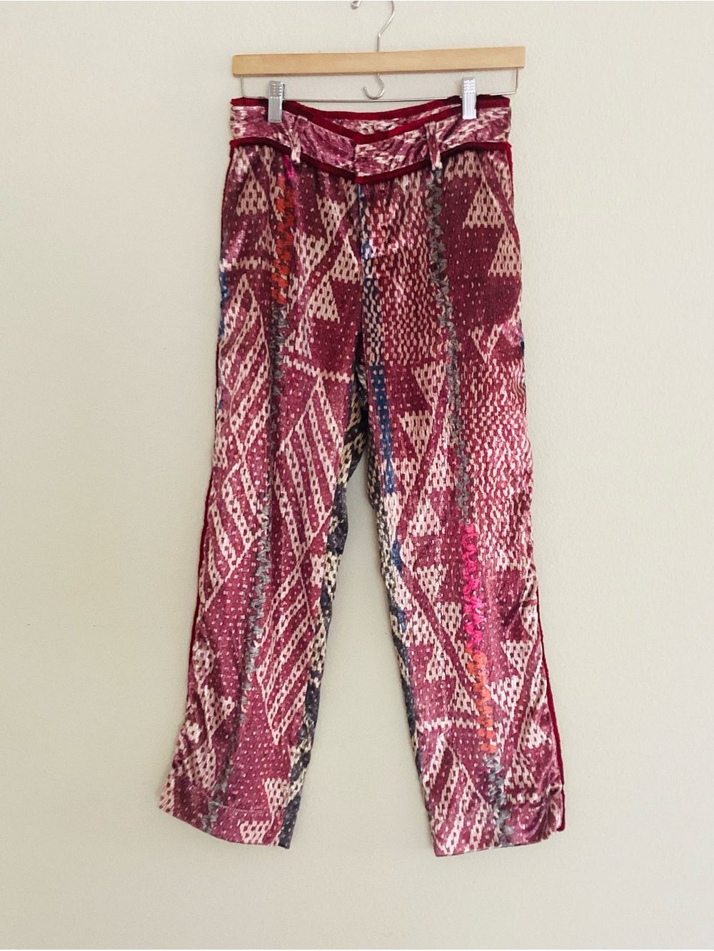 F.R.S For Restless Sleepers Tartaro Burgundy Velvet Aztec-Print  Pants  XS